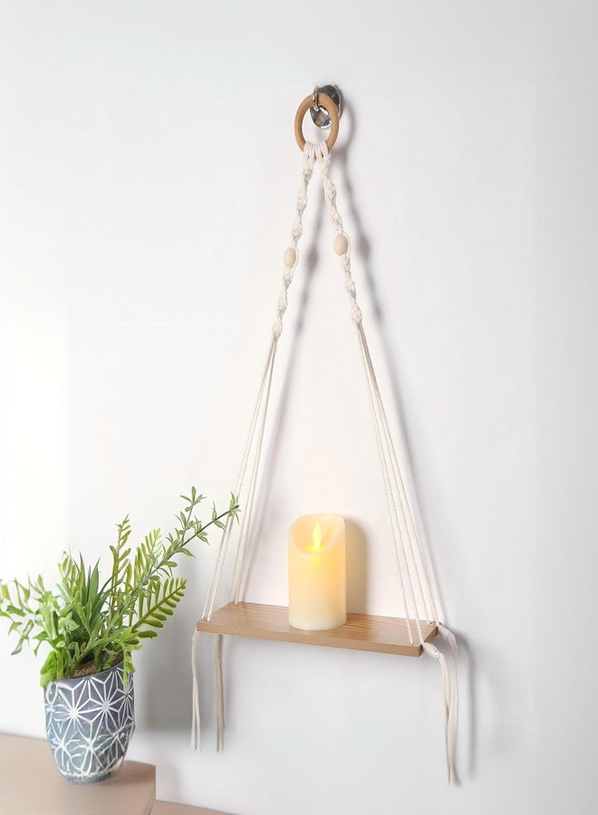 SRTFINE Macrame Floating Shelves for Boho Wall Decor - No Drilling Wooden Wall Shelves with Adhesive Hooks & 1-Tier Design - Decorative Storage Shelf for Bedroom, Living Room, Easy to Install (1 Tier) - Image 1